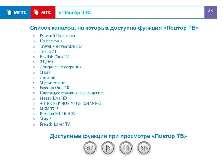 «Повтор ТВ» Список каналов, на которых доступна функция «Повтор ТВ» Доступные функции при просмотре «Повтор ТВ»