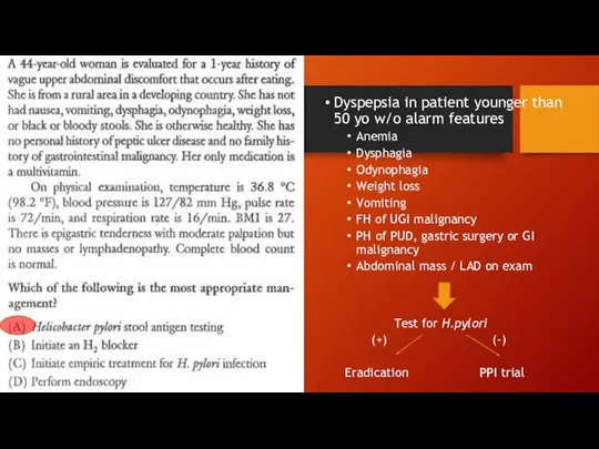 Dyspepsia in patient younger than 50 yo w/o alarm features