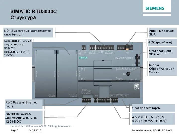 SIMATIC RTU3030C Структура Антенный разъем SMA 4 DO (релейные) Слот платы для SD