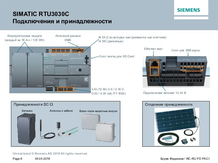SIMATIC RTU3030C Подключения и принадлежности Антенный разъем SMA 8 DI (2 из которых