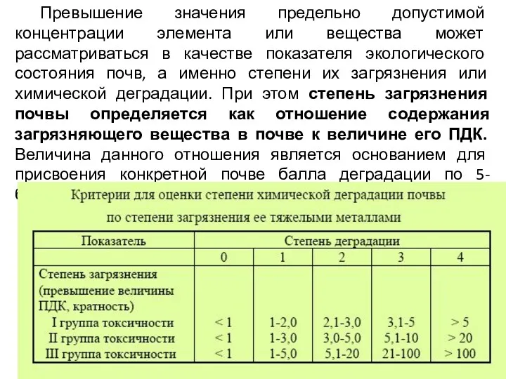 Превышение значения предельно допустимой концентрации элемента или вещества может рассматриваться