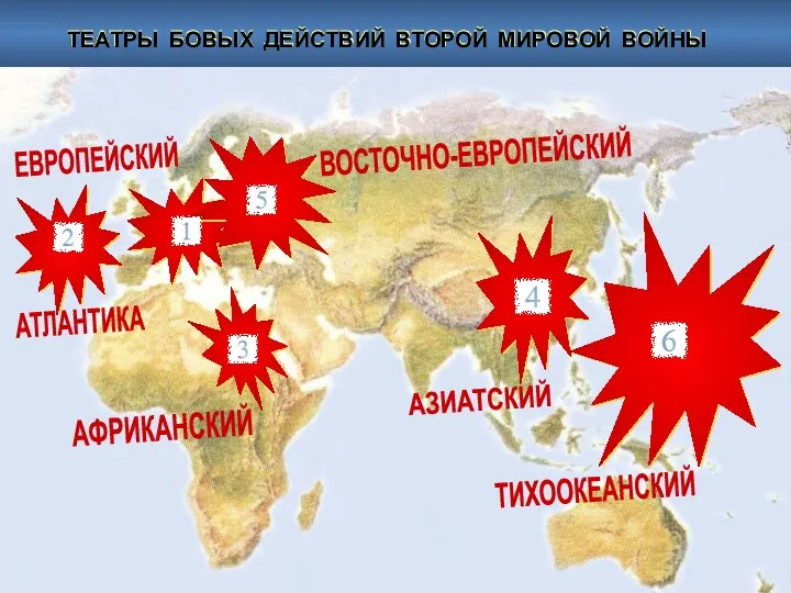 ТЕАТРЫ БОВЫХ ДЕЙСТВИЙ ВТОРОЙ МИРОВОЙ ВОЙНЫ ВОСТОЧНО-ЕВРОПЕЙСКИЙ АТЛАНТИКА ЕВРОПЕЙСКИЙ АФРИКАНСКИЙ ТИХООКЕАНСКИЙ АЗИАТСКИЙ