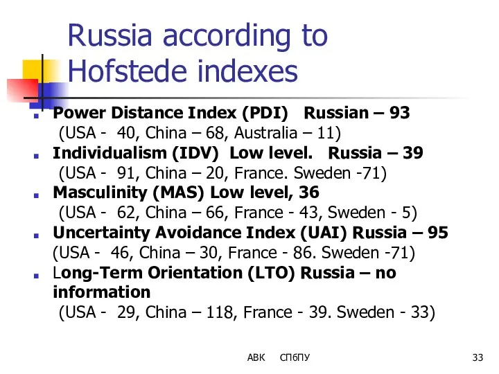 Russia according to Hofstede indexes Power Distance Index (PDI) Russian – 93 (USA