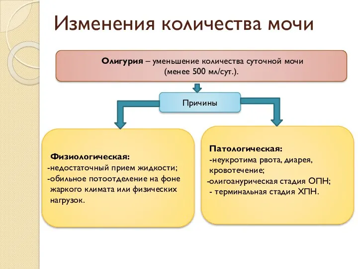 Олигурия – уменьшение количества суточной мочи (менее 500 мл/сут.). Причины