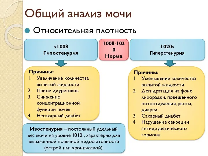 Общий анализ мочи Относительная плотность Гипостенурия 1020 Гиперстенурия 1008-1020 Норма