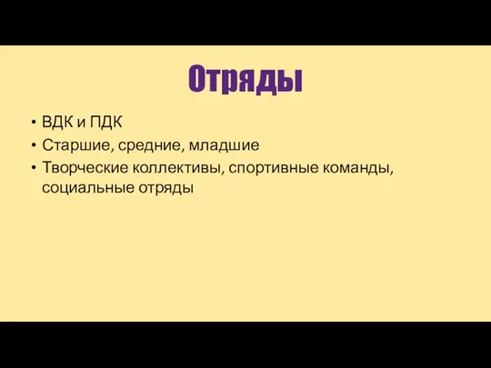 Отряды ВДК и ПДК Старшие, средние, младшие Творческие коллективы, спортивные команды, социальные отряды