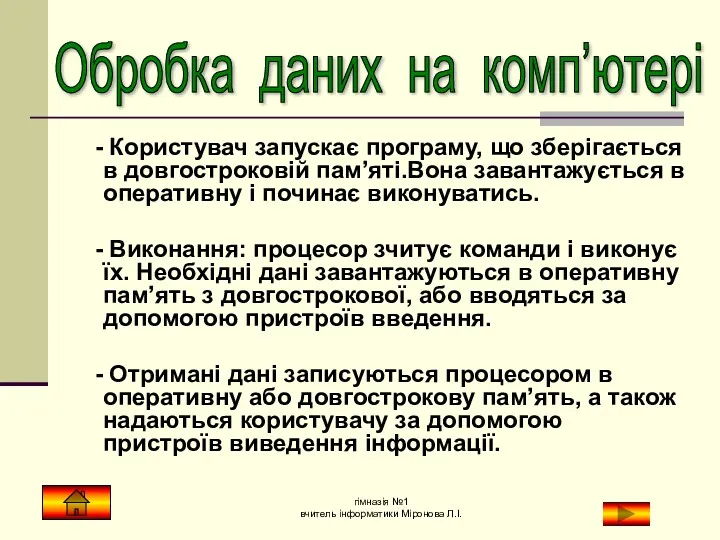 - Користувач запускає програму, що зберігається в довгостроковій пам’яті.Вона завантажується в оперативну і