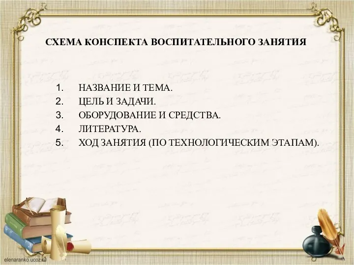 СХЕМА КОНСПЕКТА ВОСПИТАТЕЛЬНОГО ЗАНЯТИЯ НАЗВАНИЕ И ТЕМА. ЦЕЛЬ И ЗАДАЧИ.