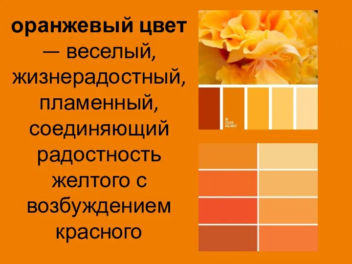 оранжевый цвет — веселый, жизнерадостный, пламенный, соединяющий радостность желтого с возбуждением красного