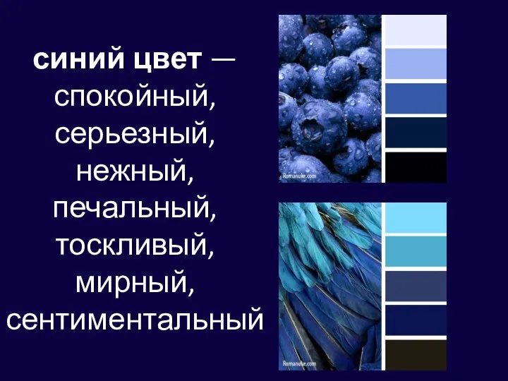 синий цвет — спокойный, серьезный, нежный, печальный, тоскливый, мирный, сентиментальный