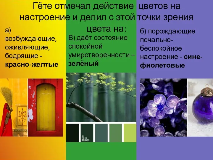 Гёте отмечал действие цветов на настроение и делил с этой