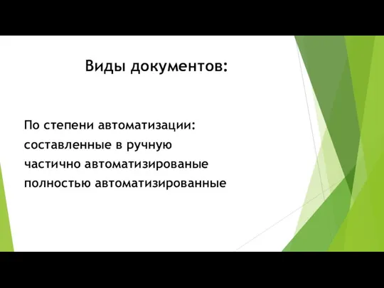 Виды документов: По степени автоматизации: составленные в ручную частично автоматизированые полностью автоматизированные