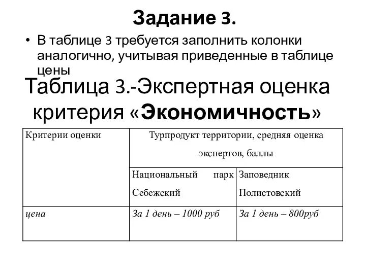 Задание 3. В таблице 3 требуется заполнить колонки аналогично, учитывая