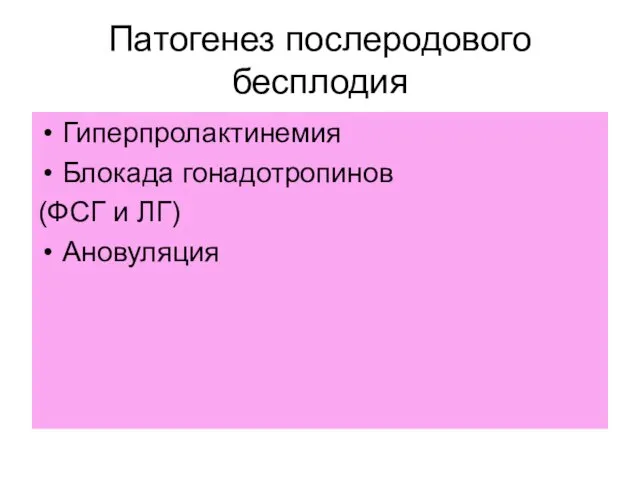 Патогенез послеродового бесплодия Гиперпролактинемия Блокада гонадотропинов (ФСГ и ЛГ) Ановуляция