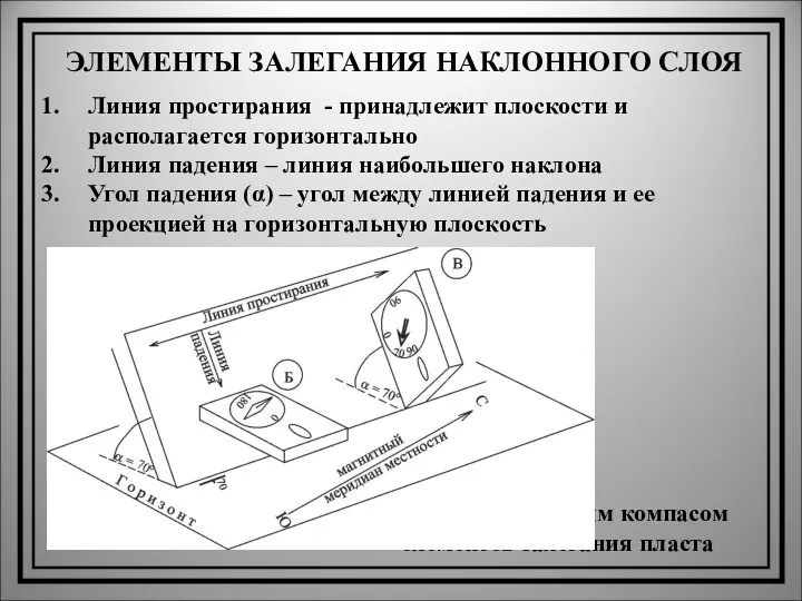 ЭЛЕМЕНТЫ ЗАЛЕГАНИЯ НАКЛОННОГО СЛОЯ Линия простирания - принадлежит плоскости и