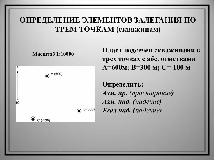 ОПРЕДЕЛЕНИЕ ЭЛЕМЕНТОВ ЗАЛЕГАНИЯ ПО ТРЕМ ТОЧКАМ (скважинам) Пласт подсечен скважинами