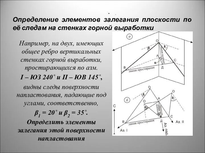 Определение элементов залегания плоскости по её следам на стенках горной