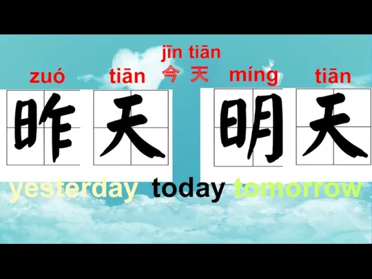 jīn tiān 今 天 zuó tiān míng tiān yesterday today tomorrow