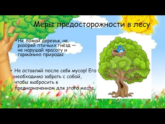 Меры предосторожности в лесу Не ломай деревья, не разоряй птичьих