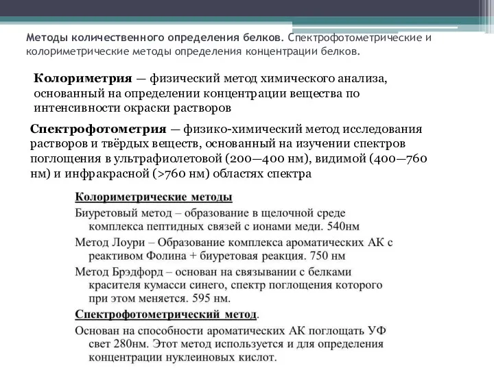 Методы количественного определения белков. Спектрофотометрические и колориметрические методы определения концентрации