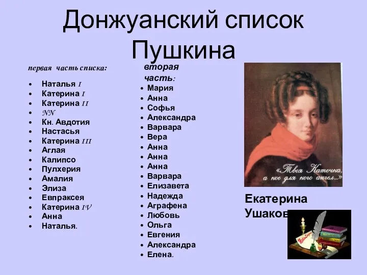 Донжуанский список Пушкина первая часть списка: Наталья I Катерина I Катерина II NN