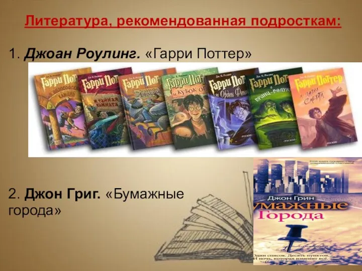 Литература, рекомендованная подросткам: 1. Джоан Роулинг. «Гарри Поттер» 2. Джон Григ. «Бумажные города»