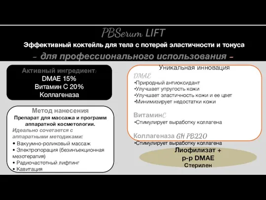 Активный ингредиент: DMAE 15% Витамин С 20% Коллагеназа Метод нанесения