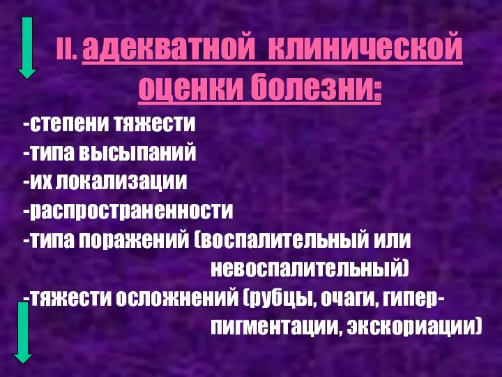 II. адекватной клинической оценки болезни: степени тяжести типа высыпаний их