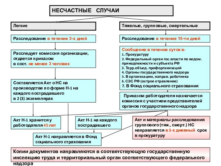 Легкие Тяжелые, групповые, смертельные Расследование в течение 3-х дней Расследование