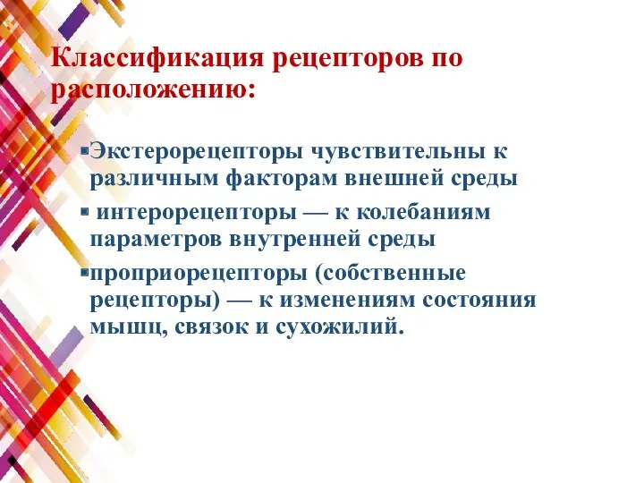 Классификация рецепторов по расположению: Экстерорецепторы чувствительны к различным факторам внешней