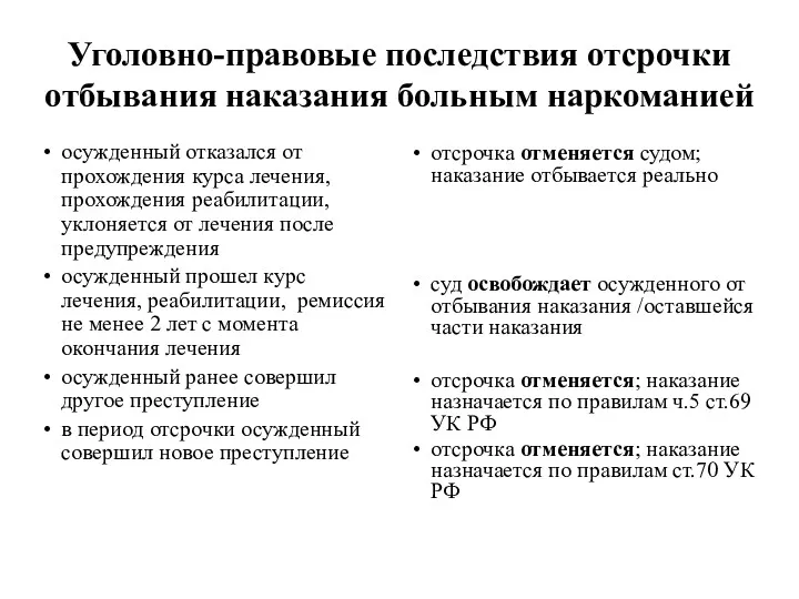 Уголовно-правовые последствия отсрочки отбывания наказания больным наркоманией осужденный отказался от