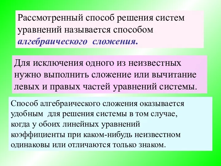 Рассмотренный способ решения систем уравнений называется способом алгебраического сложения. Для