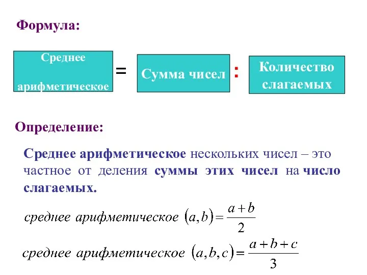 Среднее арифметическое = Сумма чисел : Количество слагаемых Определение: Среднее