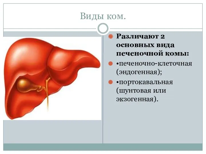 Виды ком. Различают 2 основных вида печеночной комы: •печеночно-клеточная (эндогенная); •портокавальная (шунтовая или экзогенная).