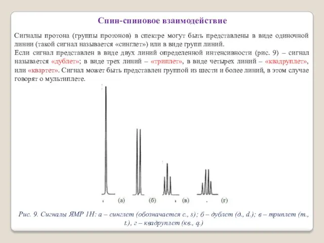 Спин-спиновое взаимодействие Сигналы протона (группы протонов) в спектре могут быть