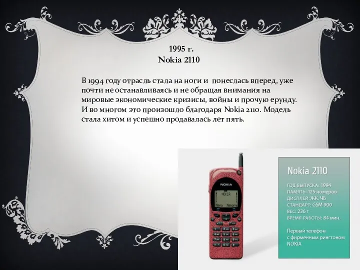 1995 г. Nokia 2110 В 1994 году отрасль стала на