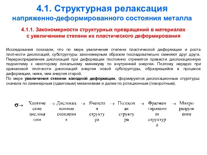 4.1. Структурная релаксация напряженно-деформированного состояния металла 4.1.1. Закономерности структурных превращений