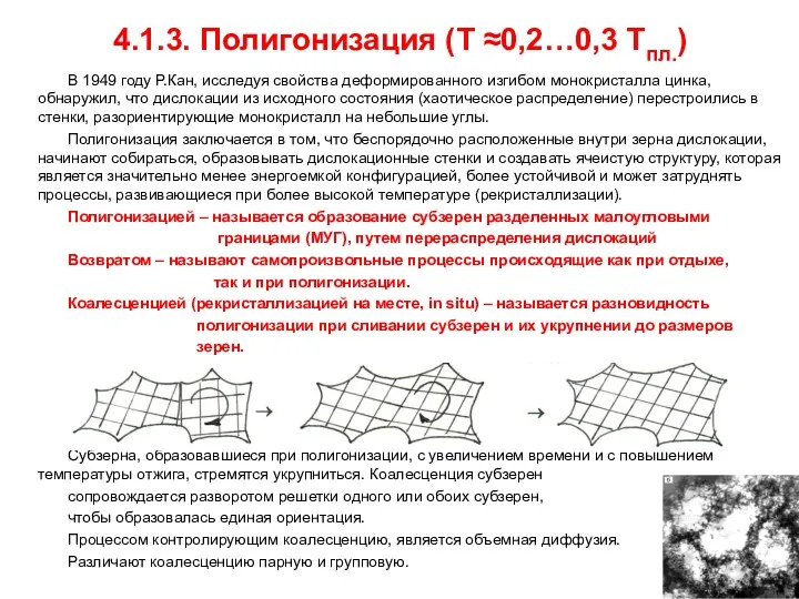 4.1.3. Полигонизация (Т ≈0,2…0,3 Тпл.) В 1949 году Р.Кан, исследуя