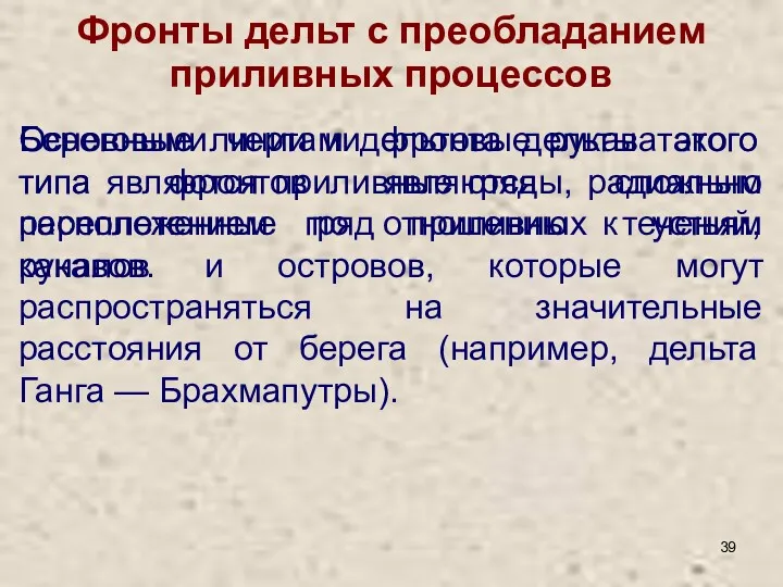 Фронты дельт с преобладанием приливных процессов Береговые линии и дельтовые