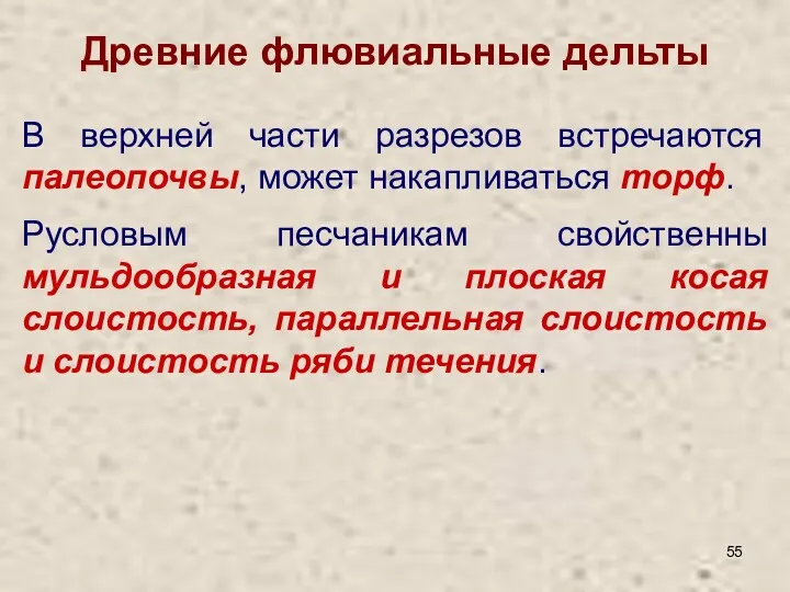 Древние флювиальные дельты В верхней части разрезов встречаются палеопочвы, может