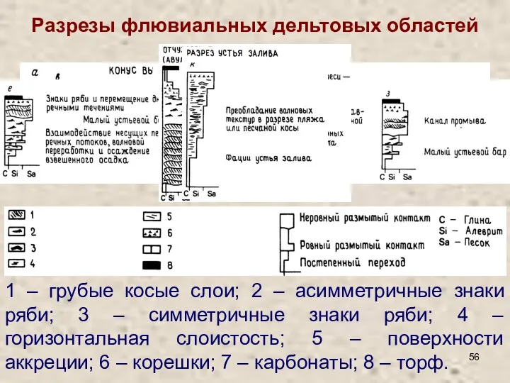 Разрезы флювиальных дельтовых областей 1 – грубые косые слои; 2