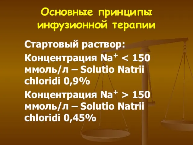 Основные принципы инфузионной терапии Стартовый раствор: Концентрация Na+ Концентрация Na+