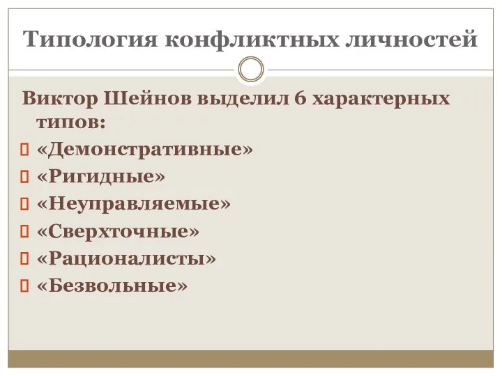 Типология конфликтных личностей Виктор Шейнов выделил 6 характерных типов: «Демонстративные» «Ригидные» «Неуправляемые» «Сверхточные» «Рационалисты» «Безвольные»