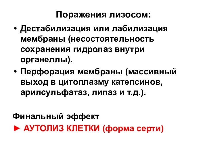 Поражения лизосом: Дестабилизация или лабилизация мембраны (несостоятельность сохранения гидролаз внутри