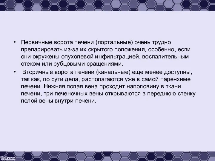 Первичные ворота печени (портальные) очень трудно препарировать из-за их скрытого