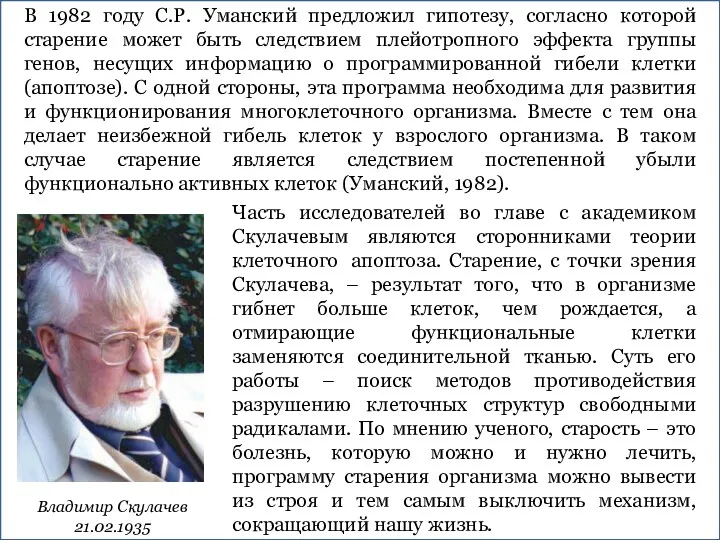 В 1982 году С.Р. Уманский предложил гипотезу, согласно которой старение может быть следствием