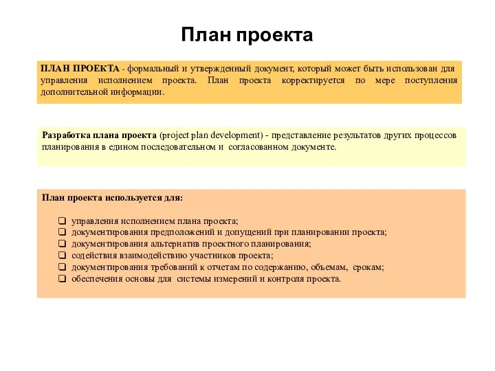 План проекта ПЛАН ПРОЕКТА - формальный и утвержденный документ, который