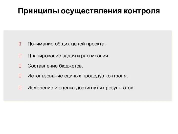 Принципы осуществления контроля Понимание общих целей проекта. Планирование задач и