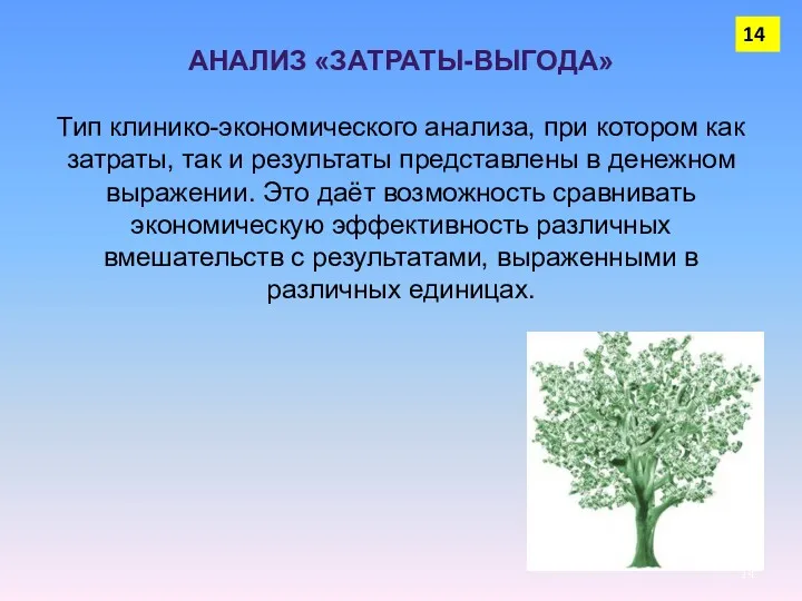 АНАЛИЗ «ЗАТРАТЫ-ВЫГОДА» Тип клинико-экономического анализа, при котором как затраты, так