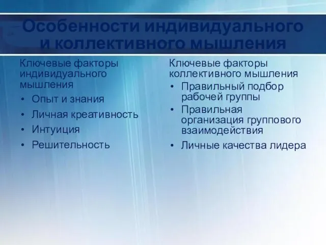 Особенности индивидуального и коллективного мышления Ключевые факторы индивидуального мышления Опыт